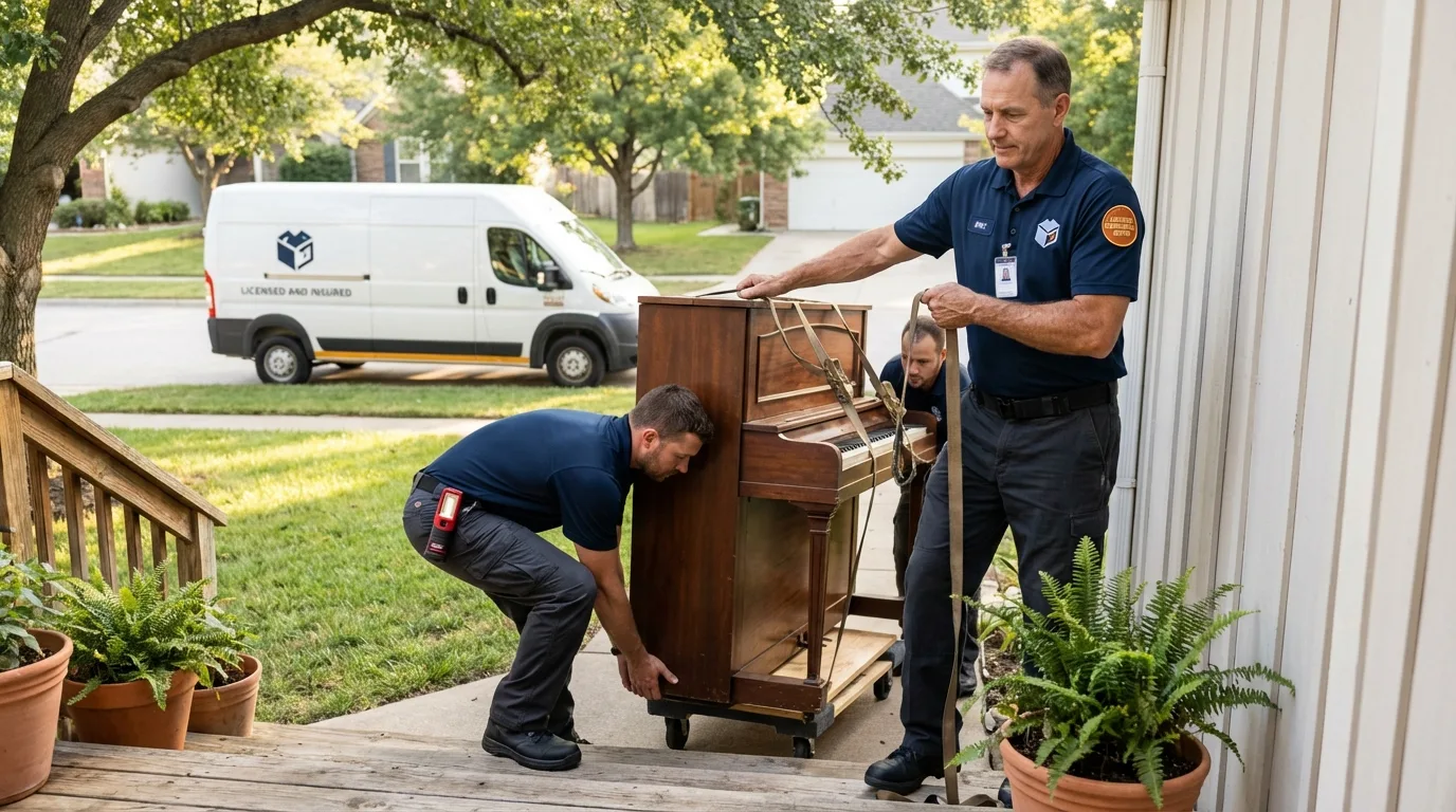 Licensed piano movers securing grand piano in Ripley, OH