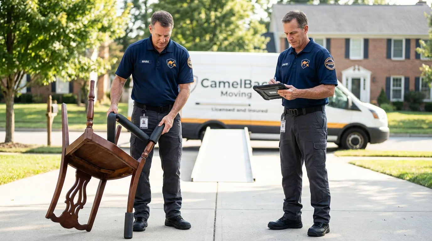 Movers inspecting furniture for damage prevention before loading in Ripley, OH