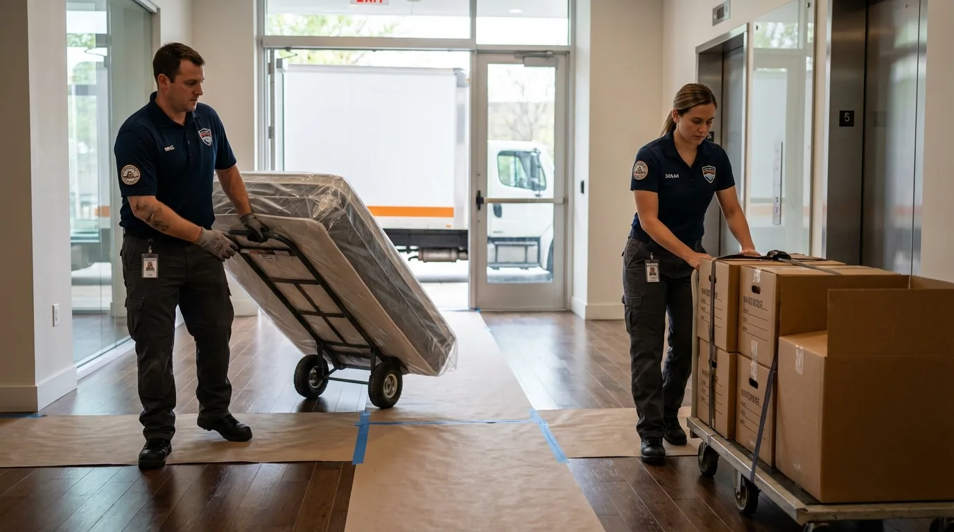 Professional apartment movers loading elevator in Ripley, OH
